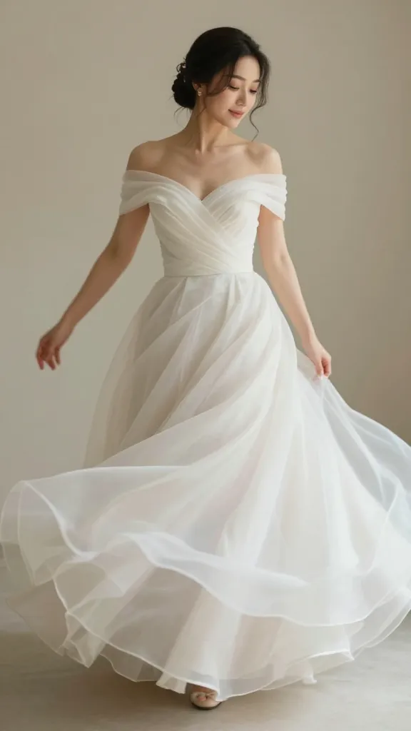 A candid dance moment: bride in a luxe organza blend off-shoulder gown, fabric billowing as she twirls, capturing comfort and ease of movement.