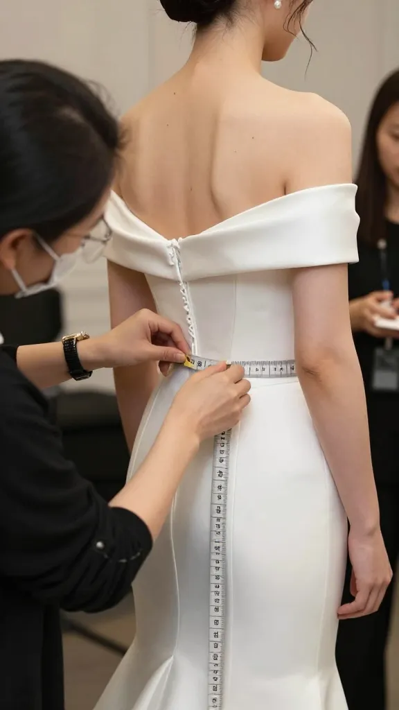 A chic backstage fitting session: designer adjusting a boned fitted off-shoulder dress on a bride, measuring seams, ensuring precise fit, with pins and tailoring tools in soft lighting.
