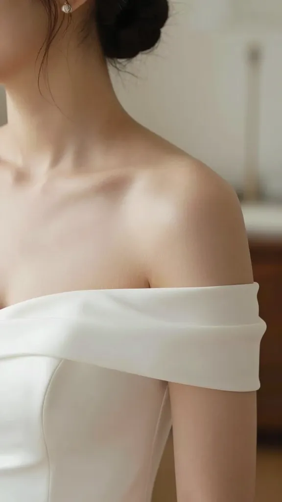 A close-up of the off-shoulder neckline and shoulder line, highlighting delicate collarbone exposure and minimal jewelry, set against a softly blurred bridal boudoir backdrop.