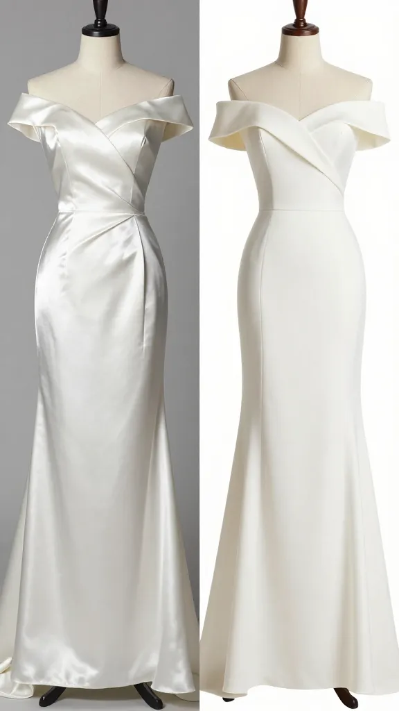 A comparison collage-style shot: left panel satin, right panel crepe, both fitted off-shoulder gowns on mannequins, emphasizing fabric differences in texture, sheen, and drape.