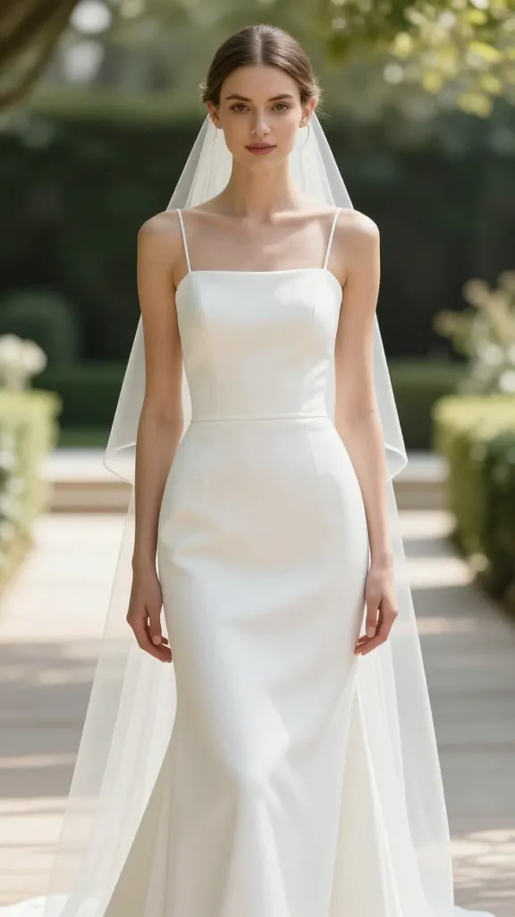A minimalist wedding dress on a model with small straps, clean line silhouette, soft crepe fabric, natural makeup, simple veil, standing in a sunlit outdoor aisle with greenery blurred in the background.