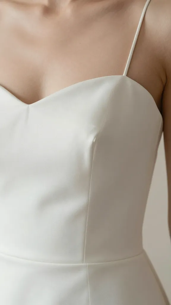 Close-up shot of a bridal neckline featuring delicate thin straps and a flawless fit, subtle lighting highlighting the fabric texture and pristine seams.