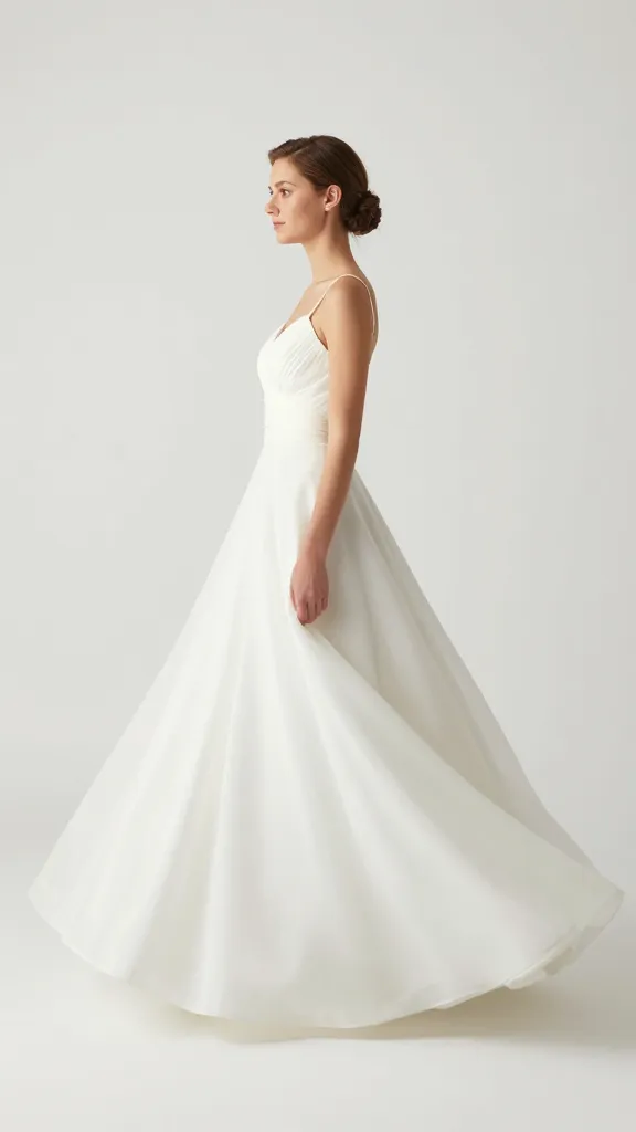 Side view of an A-line small-strap wedding dress twirling gently, light-weight fabric flowing gracefully, indoor studio with white seamless backdrop.