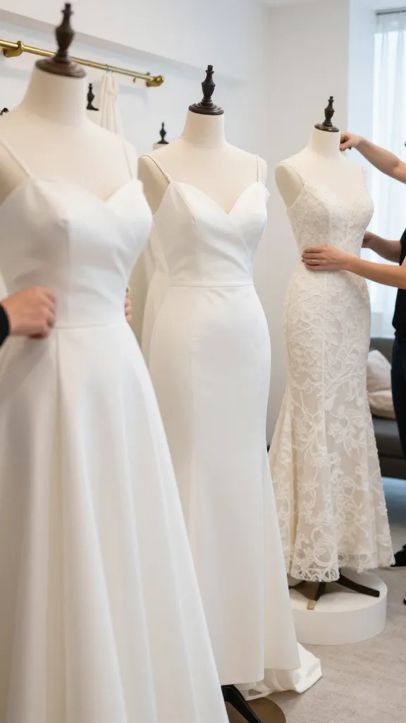 A bride trying on multiple sizes in a bright fitting room, focus on different dress silhouettes (A-line, sheath, mermaid) with small strap variations, hands adjusting the dress, candid mood.