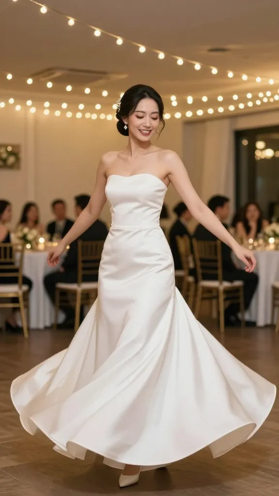 Dancing moment in a reception hall: bride in a simple strap satin dress with a touch of stretch, twirling to showcase movability and comfort, string lights in the background.