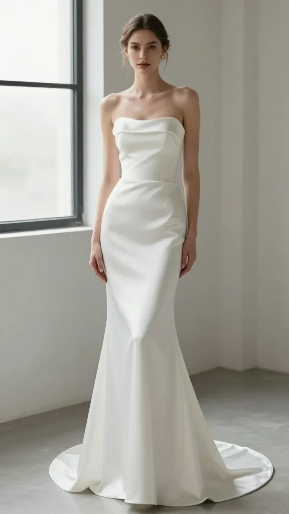 Full-body shot of a slim, strap wedding dress with a slightly elongated, flattering neckline, model standing tall with a confident pose, soft natural light through a window.