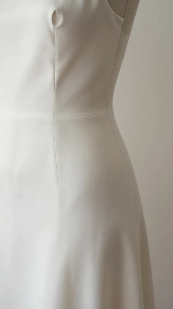 Close-up of fabric and construction details: crepe or satin, minimal embellishment, seam lines, and the way fabric drapes on a mannequin, neutral studio backdrop.