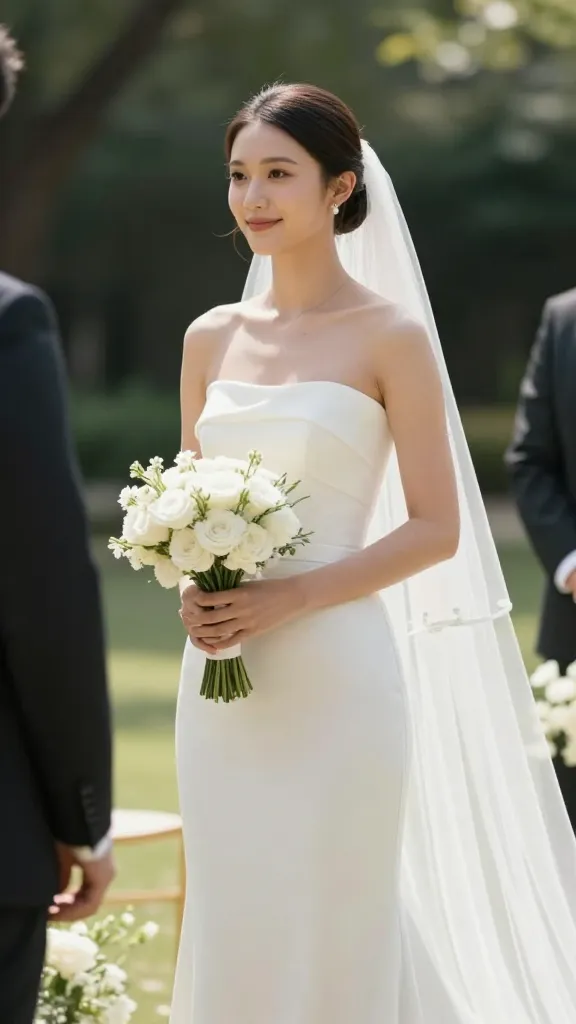 Outdoor ceremony scene: bride wearing a small strap gown with clean lines, veil optional, standing at an altar with minimal décor, bouquet held at her side, airy daytime lighting.