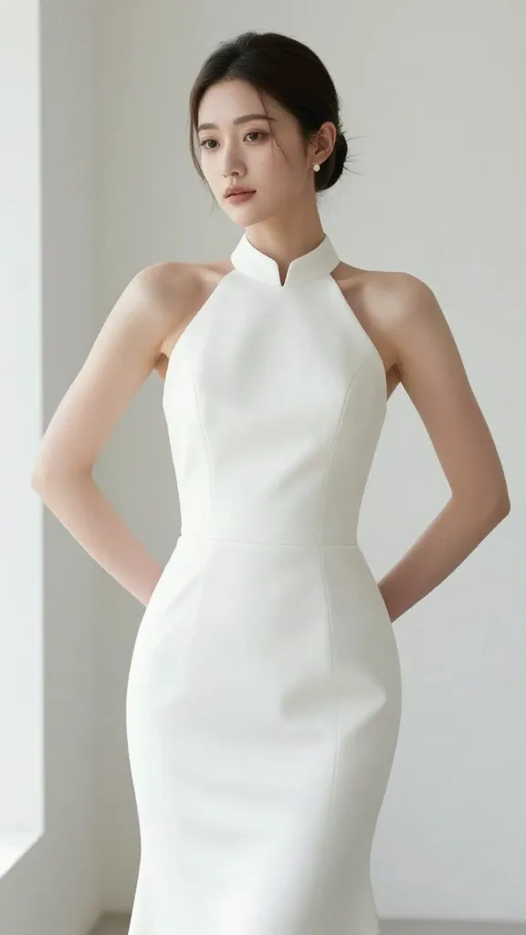 A bridal portrait featuring a woman in a sleek white stand up collar wedding dress, minimal accessories, clean modern background, soft natural lighting, pose with hands at waist to emphasize the collar and architectural lines.