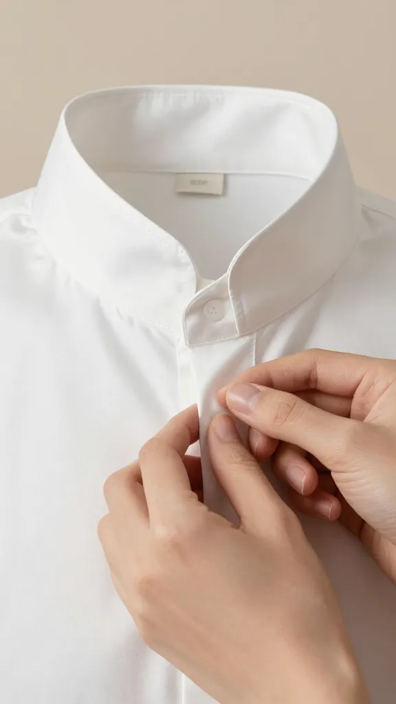Close-up of the dress collar: a crisp, tall stand up collar with subtle seam detailing, smooth satin fabric, neutral studio backdrop, hands lightly adjusting the collar to showcase structure.