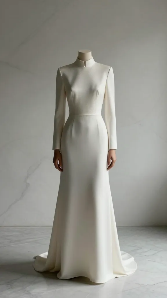 Full-length shot of a bride in a stand up collar gown with a slightly elevated waistline, minimalist silhouette, dramatic yet elegant, marble or white-washed backdrop, soft shadows for depth.