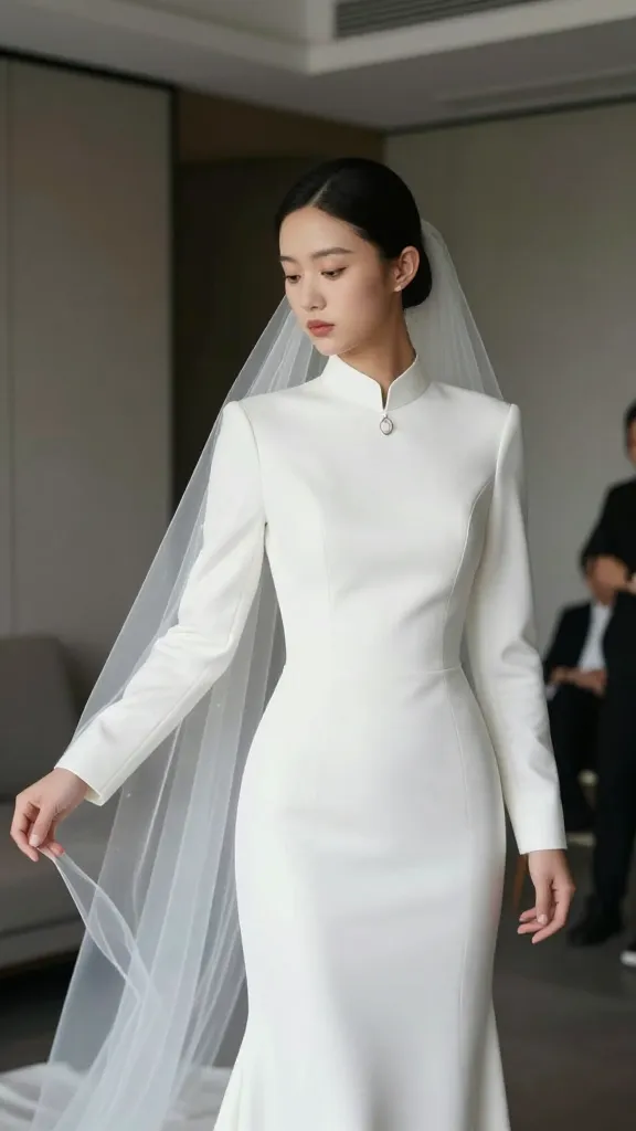A candid backstage moment of a bride in a stand up collar dress slipping into place, veil draped behind, contemporary studio setting, emphasis on the clean lines and built-in necklace look.