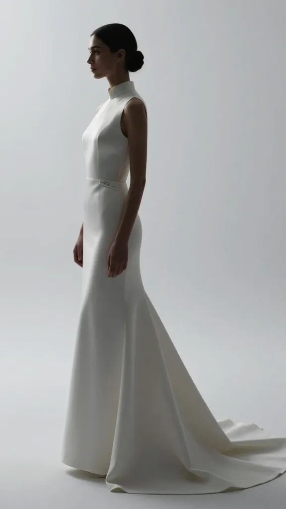 Side profile of a tall bride wearing a stand up collar gown with a streamlined bodice and subtle embellishment at the waist, stark light gray background to highlight silhouette.
