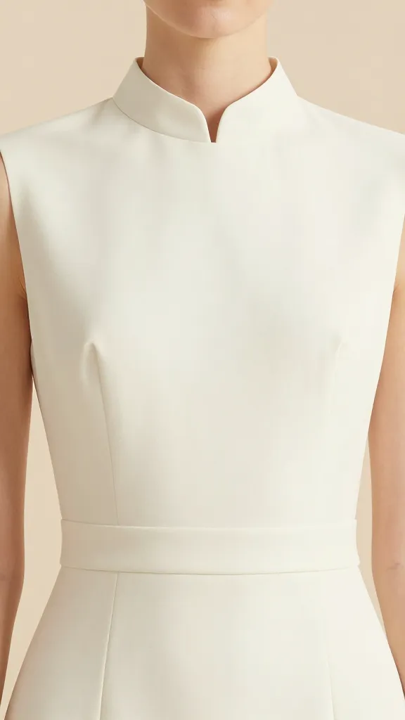Petite bride wearing a stand up collar dress with a simplified silhouette and higher waist, close-up of the upper torso to show proportion and collar balance, pastel-toned backdrop.