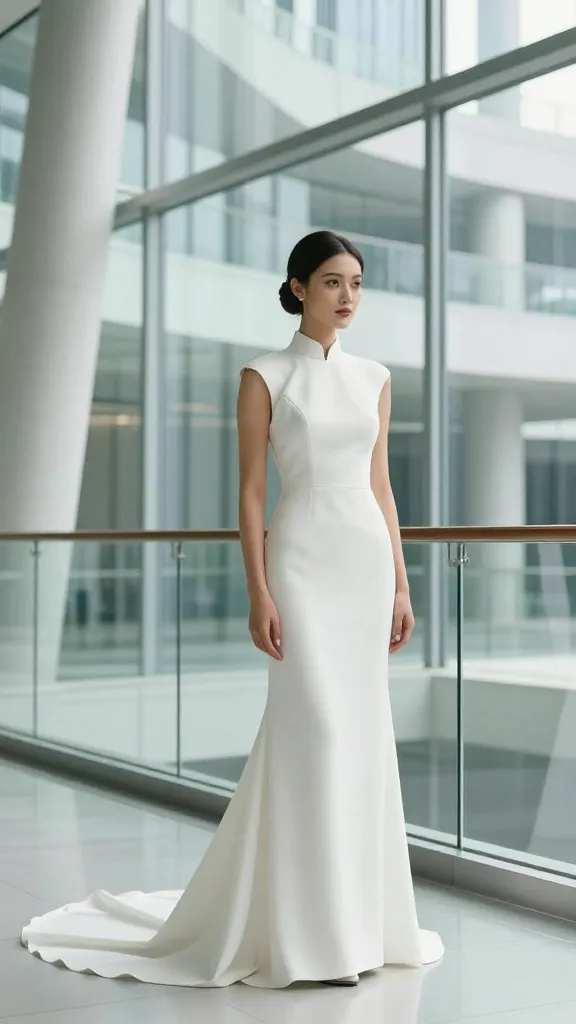 Editorial shot of a bride in a stand up collar gown in a modern architectural venue (glass and steel lines), long train, minimal jewelry, emphasis on the collar as focal point.
