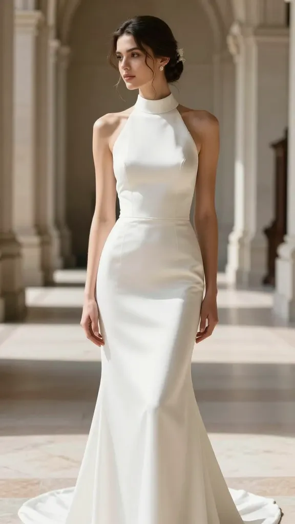 A bride wearing a sleek high-neck wedding dress with a minimalist silhouette, standing in a sunlit European cathedral, soft natural light, air of timeless elegance, no text in the scene.