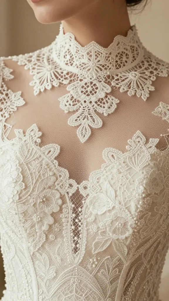 Close-up portrait of a real wedding gown with a delicate lace high neckline, intricate beadwork, and sheer panels, focus on the neckline and texture, shallow depth of field, warm tones.