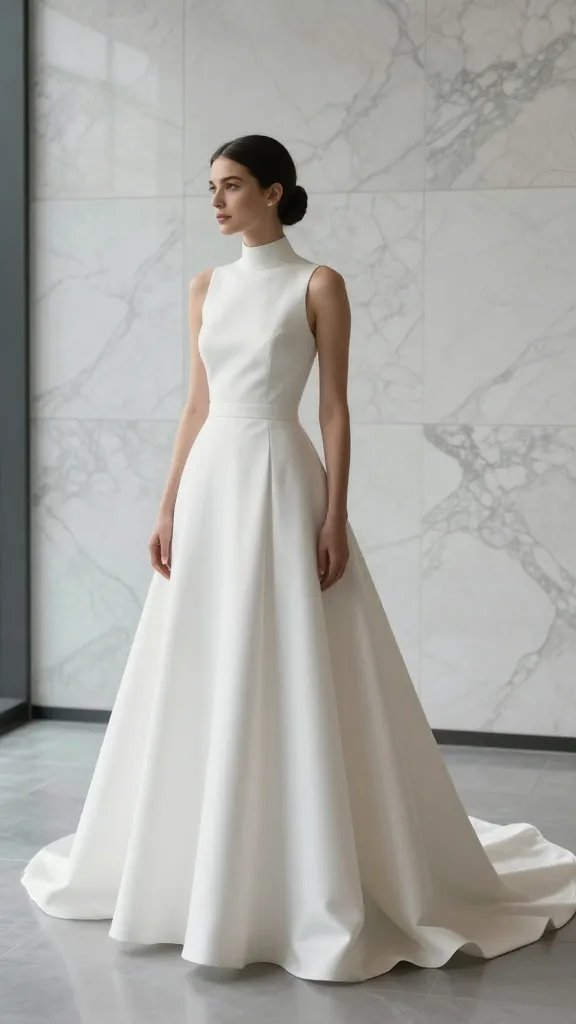 A full-length shot of a bride in a high-neck dress with a flowing A-line skirt and subtle draping, standing in a modern marble-walled venue, dramatic yet refined atmosphere.