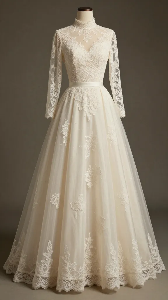 Romantic studio shot of a high-neck gown with romantic lace sleeves and a sheer yoke, ball gown silhouette, vintage-inspired lighting, soft shadows.