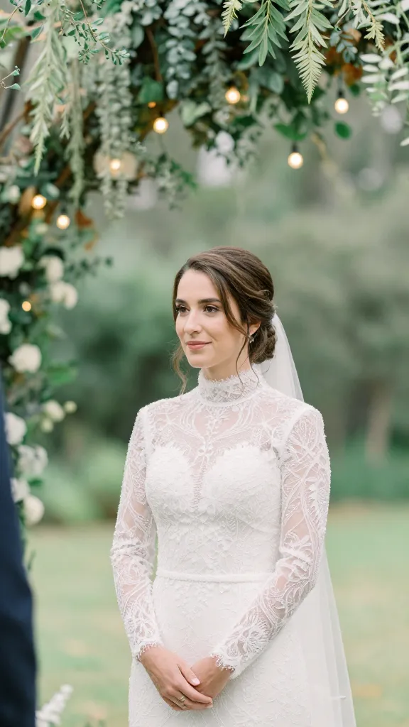 Outdoor garden ceremony scene featuring a bride in a high-neck dress with delicate lace and subtle beading, hanging greenery and bokeh lights in the background, ethereal mood.