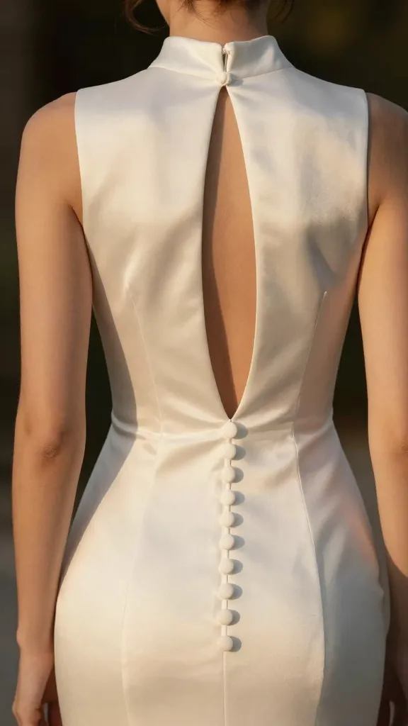 Close-up of the back of a high-neck wedding dress with keyhole detail and button-down closure, satin fabric, elegant and modern, warm golden hour light.