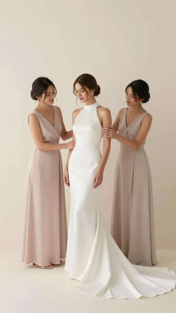 Editorial-style image of two bridesmaids assisting a bride in a high-neck gown with a fitted bodice and flowing train, soft pastel palette, elegant and calm ambiance, no text.