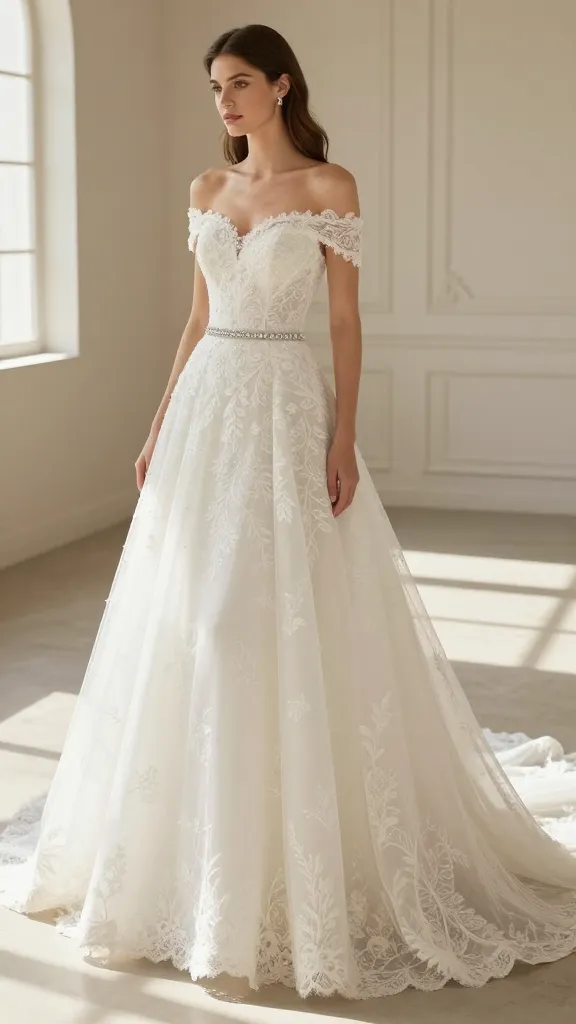 An elegant off-the-shoulder wedding dress on a bride in a sunlit ballroom, showcasing a delicate crystal belt and subtle floral embroidery along the bodice, soft lace details, and a flowing cathedral train.