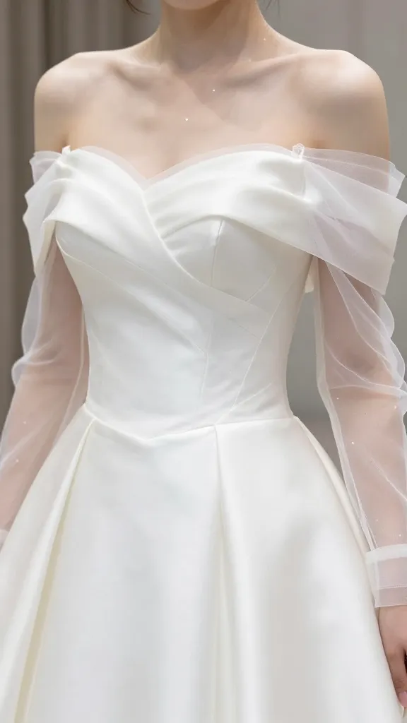 Close-up of an off-the-shoulder neckline on a wedding gown, highlighting sheer illusion sleeves, gentle skin reveal, and a pristine satin fabric with a hint of sparkle in the necklace light.