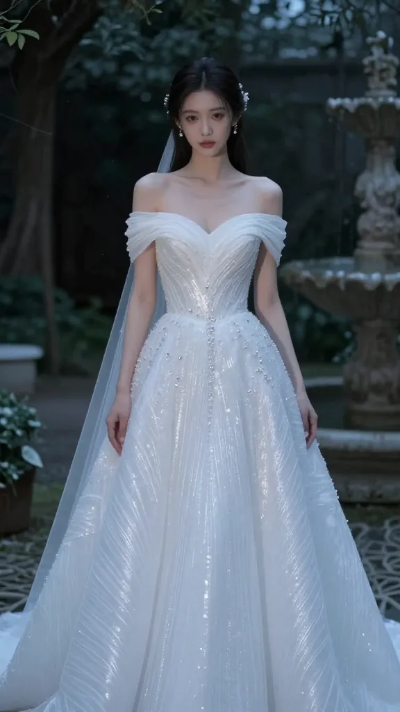 A bride in an off-the-shoulder dress standing in a winter garden glow, the dress featuring subtle metallic threads and crystal accents, with a moody, cool-toned background.