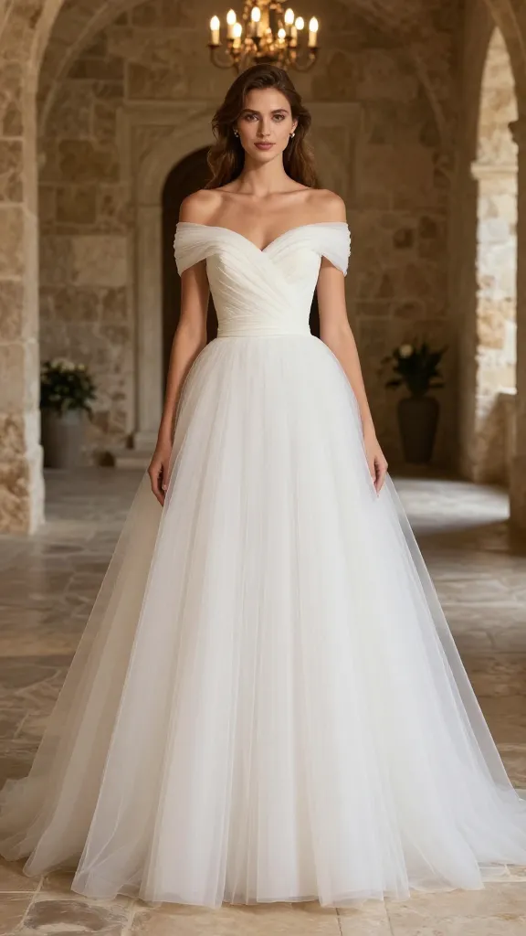 A full-length shot of an off-the-shoulder gown with a structured sweetheart bodice, cinched waist, and a voluminous tulle skirt, set against a rustic stone aisle and chandeliers.
