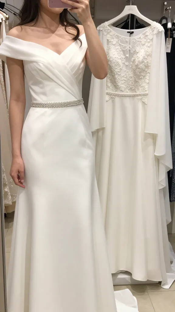 A bride adjusting her off-the-shoulder neckline in a boutique mirror, showcasing varied styling options: a delicate crystal belt, floral embroidery, and a detachable cape overlay.