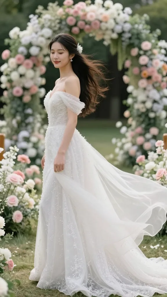 An outdoor vows scene with an off-the-shoulder wedding dress flowing in a gentle breeze, the dress adorned with light beading and a soft train, surrounded by pastel blooms.