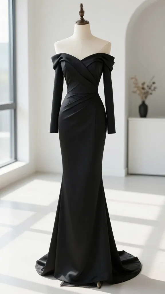 A fashion-forward moment of an off-the-shoulder gown with long, sculpted sleeves and a sleek silhouette, photographed in a modern, minimalist venue with clean lines and natural light.