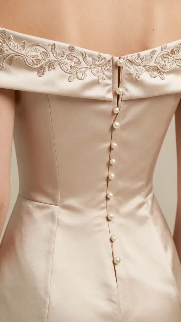 A close-up of fabric detail on an off-the-shoulder dress: champagne-colored satin with subtle sheen, intricate embroidery along the neckline, and tiny pearl buttons edging the back.