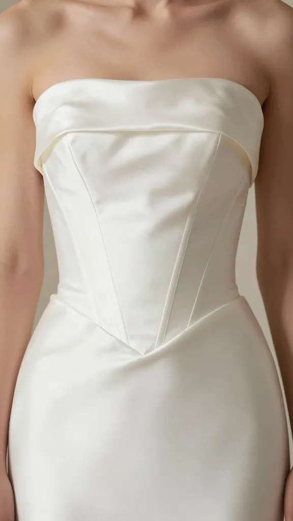 A close-up fashion portrait of a strapless wedding dress with a boned bodice, satin fabric, and a structured, upright bodice line, focusing on the clean seam lines and delicate gleam of satin under soft studio lighting.