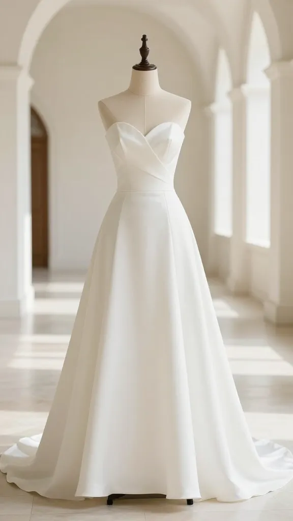 A full-length bridal gown on a model, showing a boned bodice and a flowing skirt that moves with a gentle sway, captured in a bright chapel setting with natural light streaming through arches.