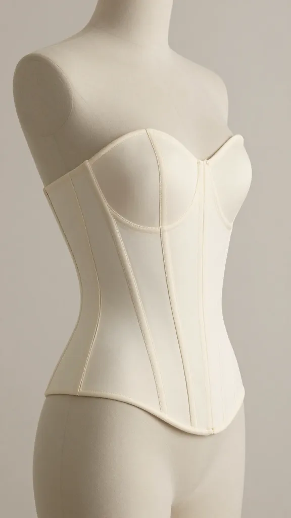 Side-profile detail shot of a boned bodice with visible boning channels, highlighting the upright posture and smooth torso, against a neutral backdrop to emphasize fit and construction.