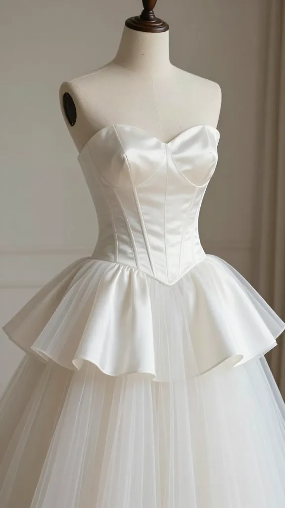 A dress fitting scene: a designer pinning or adjusting a strapless boned bodice on a mannequin, with satin bodice and a layered tulle or satin skirt visible, in a softly lit studio.