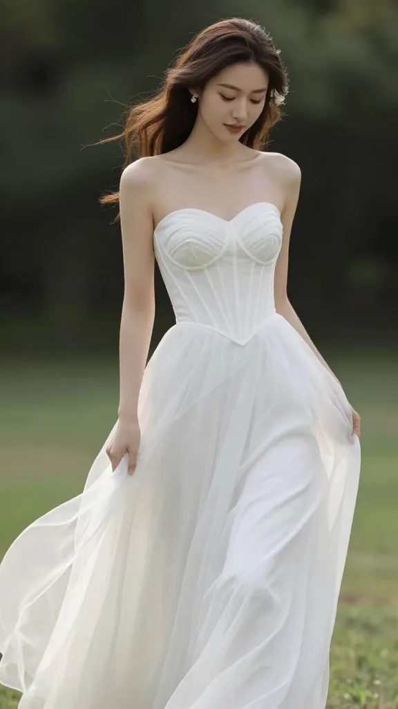 A romantic outdoor bridal portrait featuring a strapless boned bodice dress with chiffon overlay for softness, the wind lifting the skirt slightly to reveal ethereal movement.