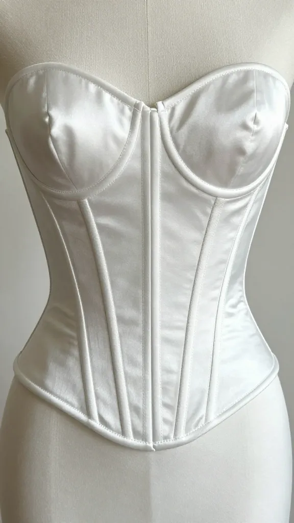 A couture detail shot of a boned bodice with intricate seam lines, satin sheen, and subtle boning outlines, paired with a minimalist backdrop to emphasize structure.