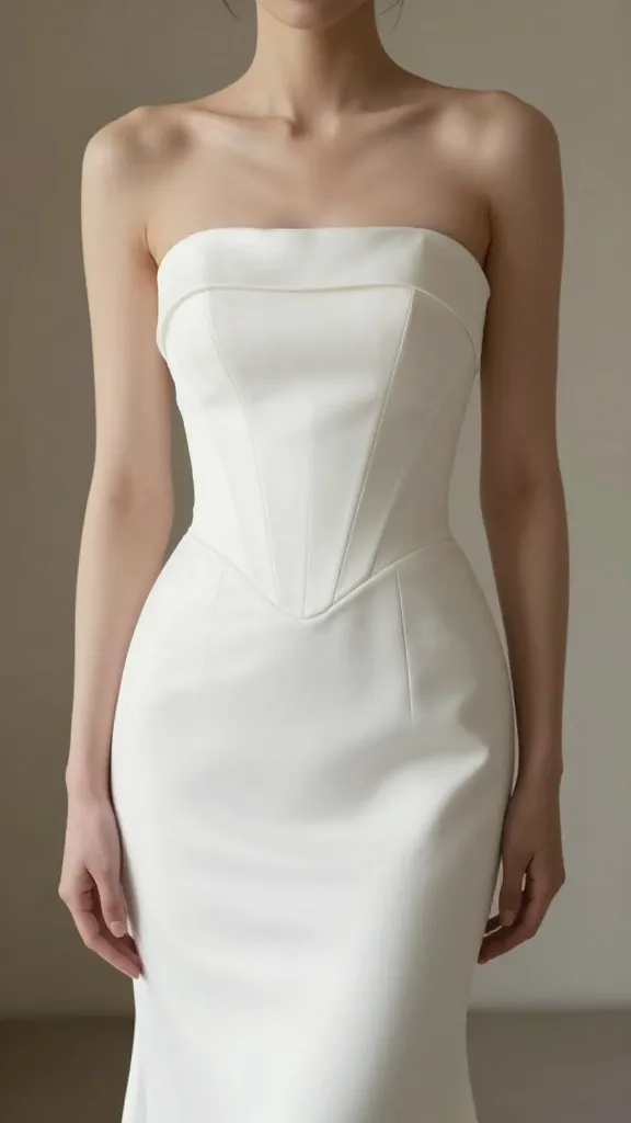 A studio shot of a bride wearing a strapless boned bodice dress, standing with shoulders back and posture enhanced by the structure, with a shallow depth of field to blur the background.