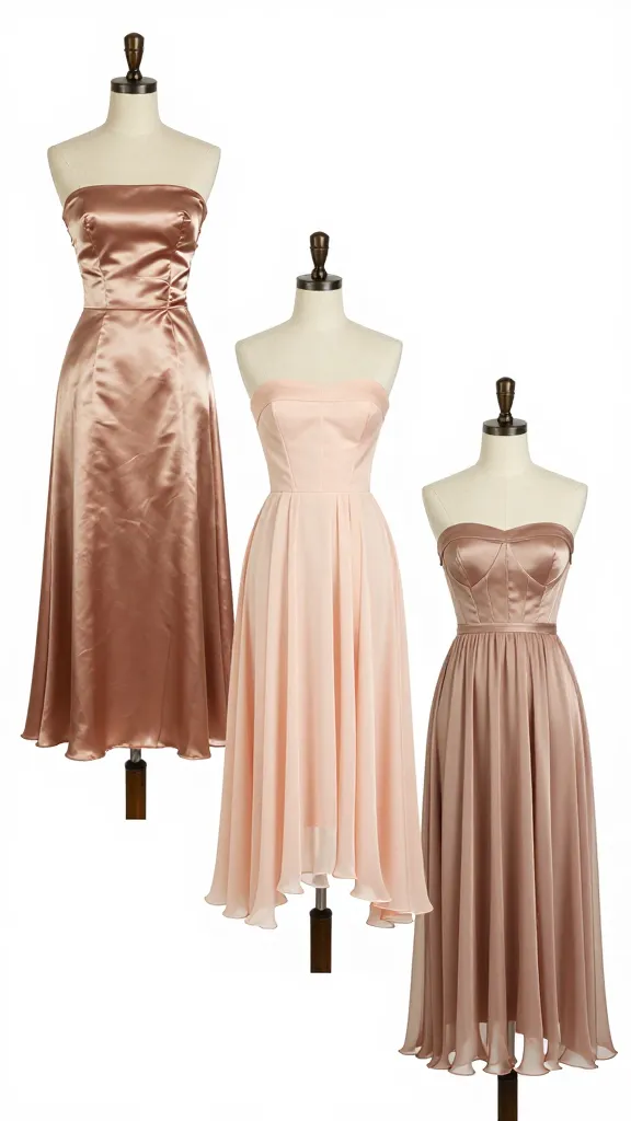 An ensemble shot of three variations: satin-skirt, chiffon-skirt, and a combined satin-chiffon look, all featuring strapless boned bodices, displayed on dress forms against a clean white backdrop.