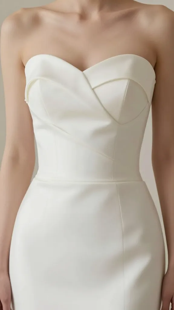 A close-up shot of a strapless sweetheart wedding gown on a model, focusing on the curved neckline, delicate collarbones, and soft lighting to highlight the silhouette without any straps in view.