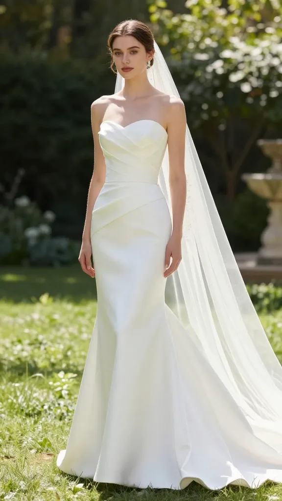 A full-length portrait of a bride wearing a strapless sweetheart gown, standing in a sunlit garden with a cathedral veil trailing behind, showcasing elegance, posture, and a flattering waistline.