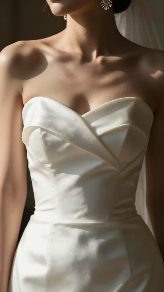 An editorial-style image featuring a bride in a strapless sweetheart dress with statement earrings, capturing the dramatic neckline and the glow of natural light on the fabric’s satin or mikado texture.