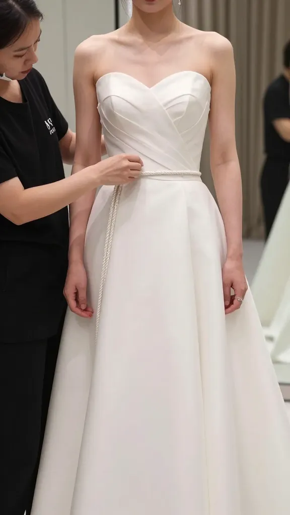 A backstage fitting scene of a bride trying on a strapless sweetheart gown, rope of fabric at the waist, with a seamstress adjusting the bodice and a mirror reflecting subtle details of the neckline.