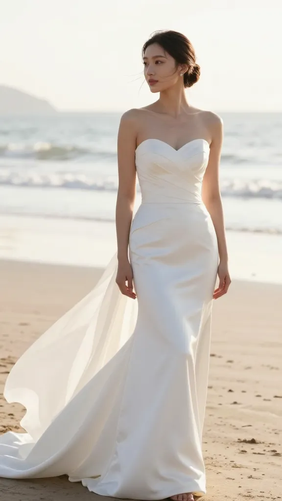 A romantic beach portrait of a bride in a strapless sweetheart dress, soft breeze lifting the train slightly, coastal light enhancing the dress’ drape and the silhouette.