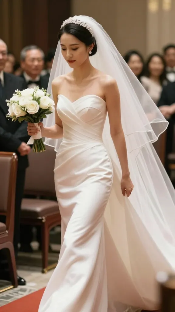 A candid moment of a bride walking down an aisle in a strapless sweetheart gown, veil flowing, bouquet in hand, capturing movement, grace, and anticipation.