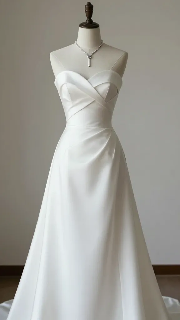 A high-fashion editorial composition of a strapless sweetheart wedding dress on a mannequin, juxtaposed with modern jewelry and a minimal setting to emphasize the timeless yet contemporary silhouette.