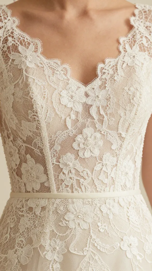 A close-up portrait of an ivory lace wedding dress bodice with Chantilly lace patterns, delicate floral motifs, and subtle beadwork, softly lit to highlight texture and transparency.